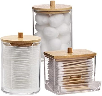 Tbestmax Bathroom Organizer Accessories Set-10 OZ Qtips Holder Storage with Bamboo Lids, Cotton Ball/Swabs Dispenser, Apothecary Container Jar 3 Pcs