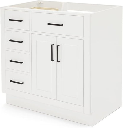 ARIEL Hepburn 36-inch Bathroom Vanity Base Cabinet,Solid Wood, 2 Soft Closing Doors, 5 Dovetail Drawers, White