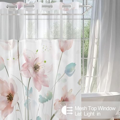 No Hook Shower Curtain and Liner Set, Light Pink Boho Floral 71x84