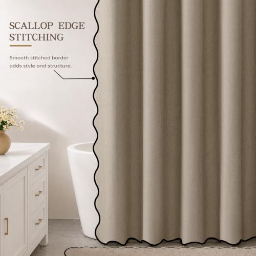 Furlinic Scalloped Greige Shower Curtain No Hook 72x84 Extra Long Fabric