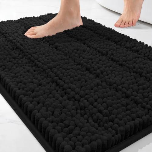 Bcoimo Small Bath Rug Mat,24x17 Chenille Non Slip Black Bathroom Floor Mats