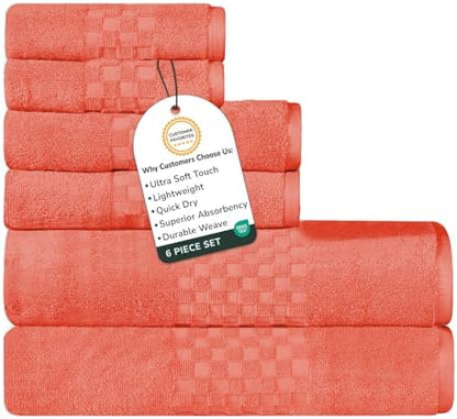 Feather & Stitch 100% Cotton 625 GSM Bath Towel Set of 6, Ultra Soft Highly Absorbent 2 Bath Towels, 2 Hand Towels & 2 Washcloth - Luxury Quick Dry Shower Towels (Coral)