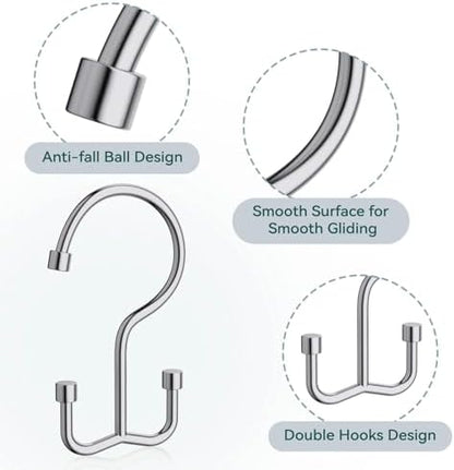 Goowin Shower Curtain Hooks, Shower Curtain Rings, Durable Rust Proof Shower Curtain Hangers, Shower Rings for Curtain, Double Glide Shower Hooks for Shower Curtain, Chrome, 12 Pack-Cylinders