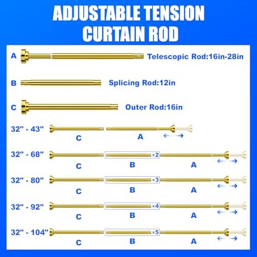 Ausemku Shower Curtain Rod - 32-43 Inch Rustproof Tension Rod, Non-Slip Spring Design, No Drilling Adjustable Curtain Rod for Bathroom, Kitchen, and Closet（Gold）