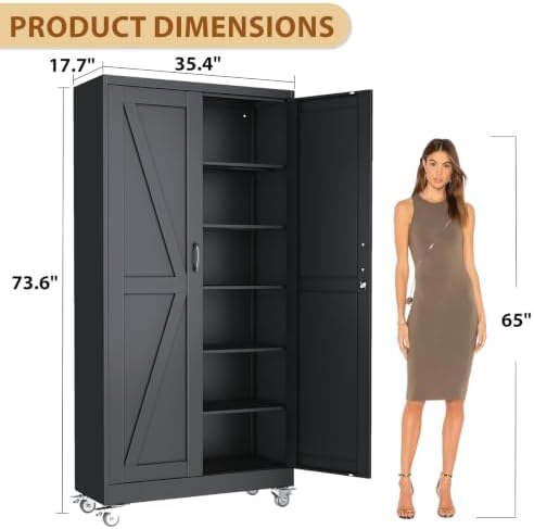74" Metal Garage Storage Locker Cabinet with Wheels,Rolling White Farmhouse Kitchen Pantry Cabinet with 2 Doors and 5 Adjustable Shelves, Steel File Tool Cabinet for Home Office Warehouse
