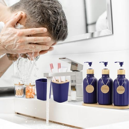 XLHOMO Navy Blue Bathroom Accessories Set 17PCS Bathroom Set with Trash Can 3PCS Lotion Soap Dispenser, Toothbrush Holder,6PCS Wood Tags Bath Accessories with Tray for Kitchen Bathroom
