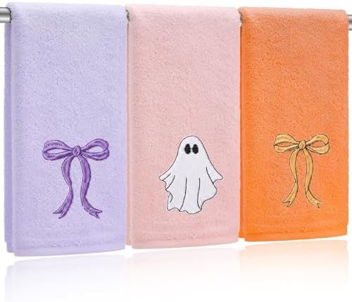 FuWeave 3 Pcs Purple Orange Halloween Ghost Hand Towels for Bathroom