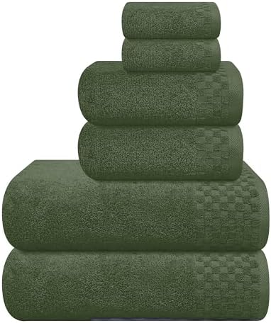 MyOwn Premium Cotton 6 Pack Towel Set for Bathroom, Contains 2 Bath Towels 28x55 inch, 2 Hand Towels 16x24 inch & 2 Wash Coths 12x12 inch, Ideal Everyday use, Compact & Lightweight - Olive Green