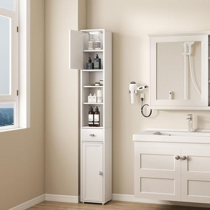 Bathroom Storage Cabinet, Tall Narrow Storage Cabinet with USB Light, White