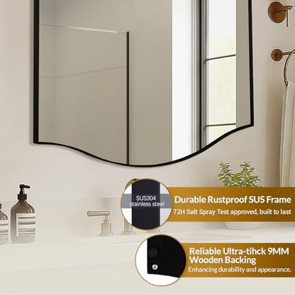 ANDY STAR 30"x48" Scalloped Mirror，Matte Black Rectangle Bathroom Mirror with Curved Edge Stainless Steel Metal Frame, Large Wall-Mounted Mirror for Bathroom, Entryway (Horizontal/Vertical)