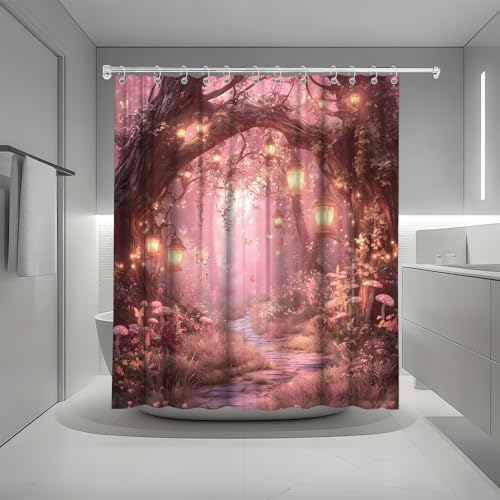 Fantasy Forest Path Shower Curtain Pink Fairy Magical Enchanted Misty Jungle Mushroom Floral Tree Butterfly Lantern Wonderland Bath Curtain Fabric Bathroom Accessories Decor with Hooks 84W x70L