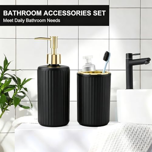 Black Glass Bathroom Accessories Set, Soap Dispenser and Toothbrush Holder