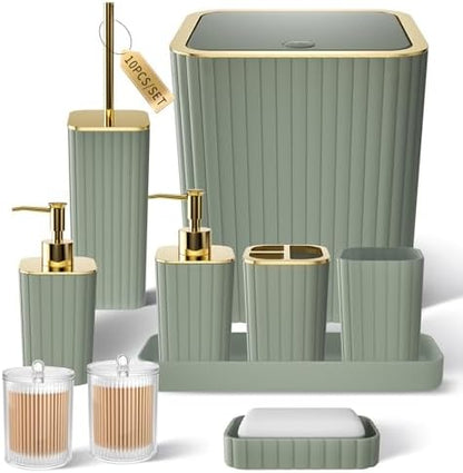 XLHOMO Bathroom Accessories Set - Gorgeous Bathroom Set, 10PC Sage Green Bathroom Accessory Set, Toilet Brush, Trash Can & Soap Dispenser