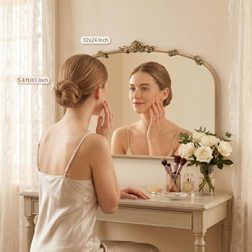 Besdomus Vintage Gold Mirror for Vanity: 32"x24" Traditional Arched Mirror