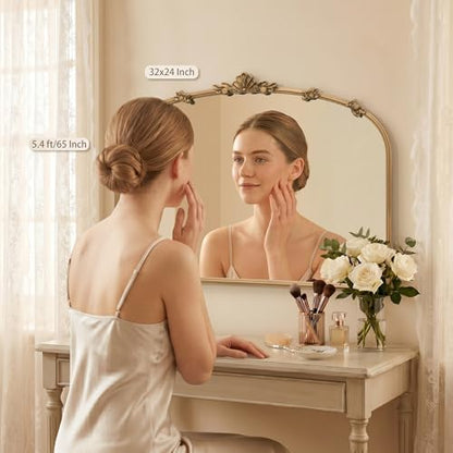 Besdomus Vintage Gold Mirror for Vanity: 32"x24" Traditional Arched Mirror