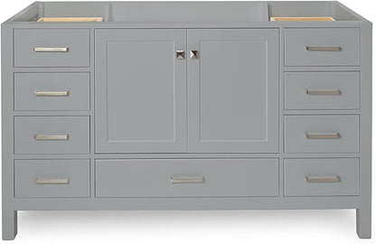 ARIEL Cambridge 60-inch Bathroom Vanity Base Cabinet,Solid Wood, 2 Soft Closing Doors, 9 Dovetail Drawers, Grey
