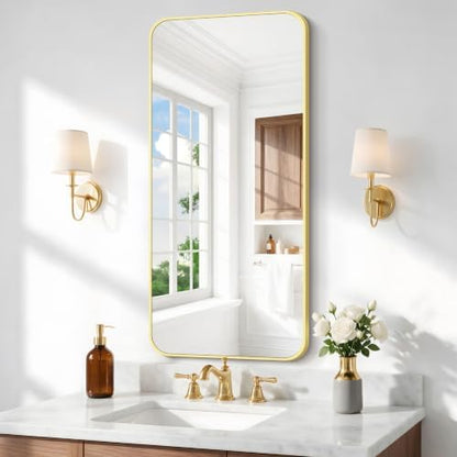 BONEWEI Gold Bathroom Mirror,20x40 inch Wall Mirror for Bathroom Wall Mounted,Round Rectangle Mirror for Bathroom Over Sink,Modern Frame for Home Decor Living Room,Bedroom Entryway,Horizontal/Vertical