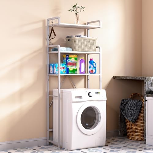 Huhote Over The Toilet Storage Rack with 3-Tier Bathroom Shelves, Space Saver Toilet Shelf, Bathroom Storage Organizer with Hooks for Over Toilet Storage and Shelf (White)