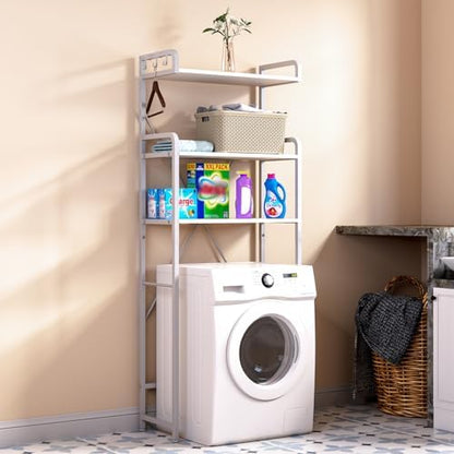 Huhote Over The Toilet Storage Rack with 3-Tier Bathroom Shelves, Space Saver Toilet Shelf, Bathroom Storage Organizer with Hooks for Over Toilet Storage and Shelf (White)