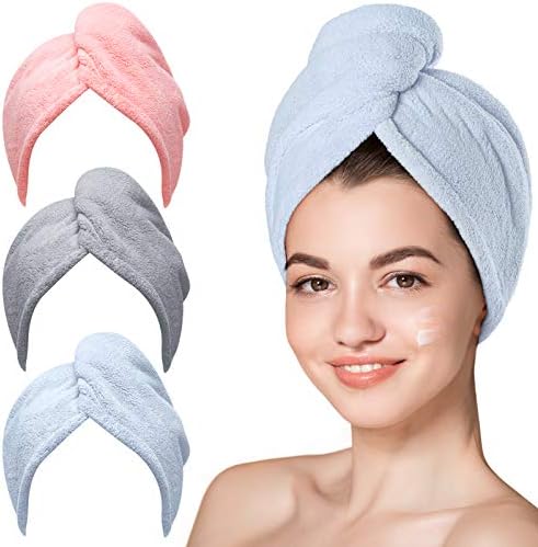 Hicober Microfiber Hair Towel Wrap for Women, Blue Grey Pink, 3-Pack