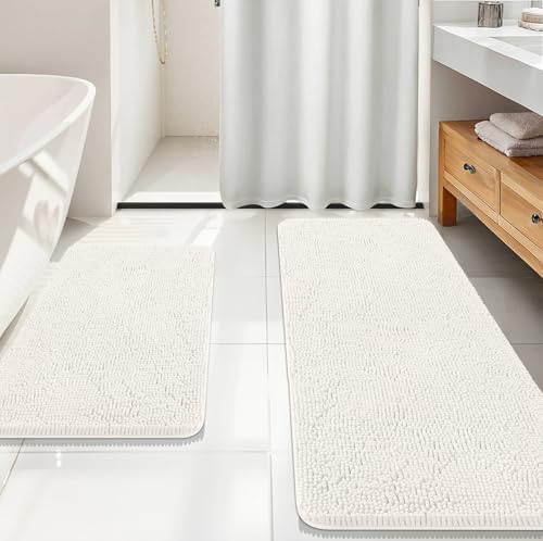 OLANLY Chenille Bathroom Rugs Mats Sets 2 Piece, 59"x20"+30"x20", Ivory