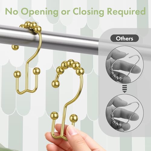 Amazer Gold Shower Curtain Hooks, 12PCS Rust-Resistant Metal Double Shower Curtain Rings for Curtain Rolling Shower Hooks, Shower Rings for Bathroom Shower Curtain Rod