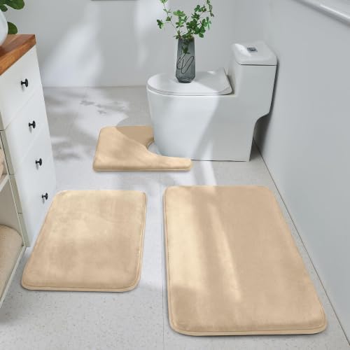HUXMEYSON 3-Piece Memory Foam Bathroom Rug Set, Light Coffee