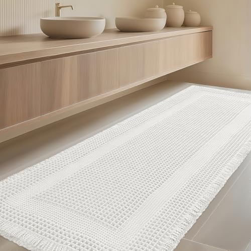 IM HOME Extra Large Waffle Bath Mat, Boho Bathroom Rugs Absorbent Non Slip, Ultra Soft Bathroom Mat, Machine Washable Knit Bath Rugs with Tassels for Bathroom, Bedroom, Kitchen, Tub, 5'x2', White