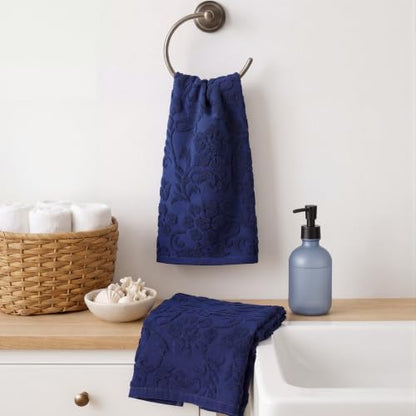 SmoothNovelty 2 Pcs Navy Blue Floral Jacquard Hand Towels for Bathroom