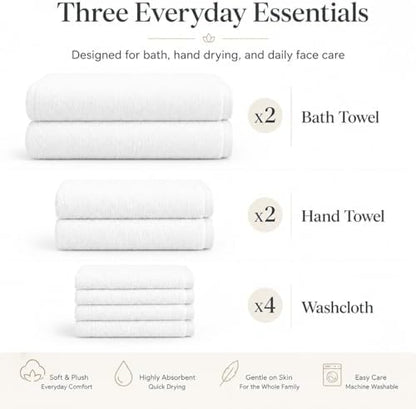 BIOLINEN White Towel Set 8 Piece Bathroom Set, 2 Bath Towels 2 Hand Towels 4 Washcloths, 100% Cotton Soft Absorbent Towel Sets for Bathroom Gym Spa