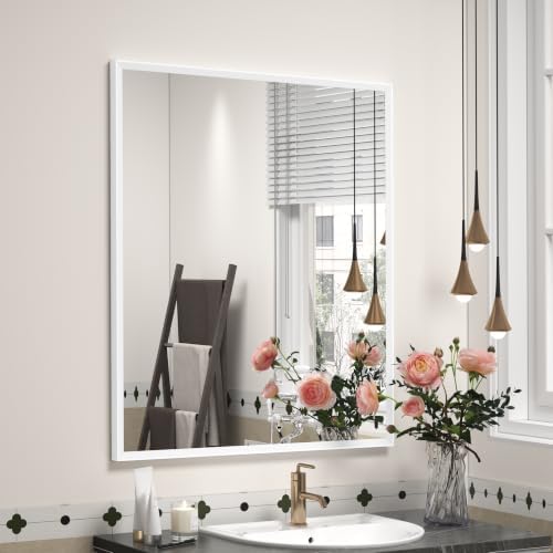White Framed Bathroom Mirror 24x28, White Vanity Mirrors for Wall