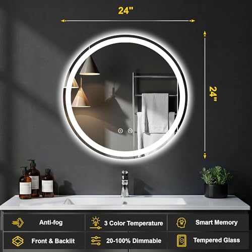 Round LED Bathroom Mirror with Lights, 24 Inch Circle Lighted Vanity Mirror