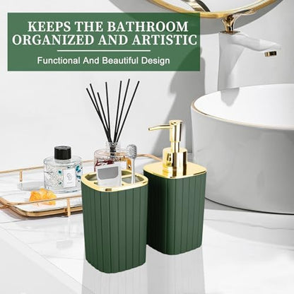 RRM Bathroom Soap Dispenser and Toothbrush Holder Set, Dark Green