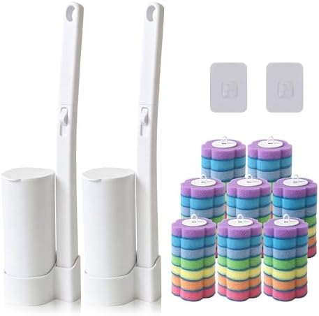 2-Pack Disposable Toilet Brush with 56 Refills, Toilet Cleaning System Starter Kit,Wall-Mounted Space-Saving Brush Set for Deep Bathroom, RV, and Home Cleaning