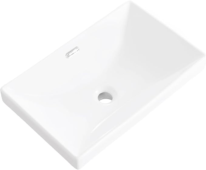 Semi Recessed Bathroom Sink 21"x13" Vessel Sink Drop-in White Porcelain Ceramic Modern Rectangular Sinks Basin Vanity Sinks with Overflow for Bathrooms