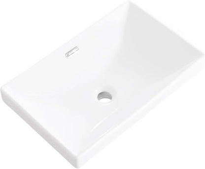 Semi Recessed Bathroom Sink 21"x13" Vessel Sink Drop-in White Porcelain Ceramic Modern Rectangular Sinks Basin Vanity Sinks with Overflow for Bathrooms