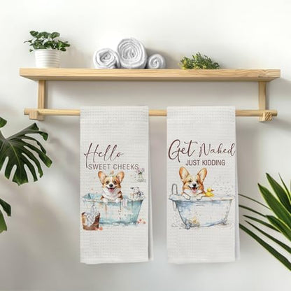 Funny Corgi Hand Towels, Hello Sweet Cheeks Bathroom Decor, Corgi Gifts Decorative Hand Towels for Bathroom Washroom Restroom, Gifts for Corgi Lovers, 16x24 Inch Set of 2
