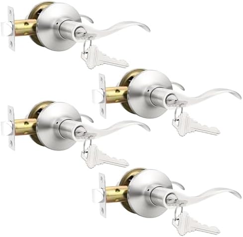 GOBEKOR Entry Door Handles with Lock and Same Keys, Brushed Nickel Keyed Aliked Entry Door Lock Sets for Exterior & Interior Doors, Reversible Door Levers for Bedroom Bathroom, 4 Pack