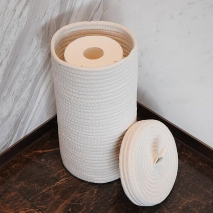 Toilet Paper Holder Handmade – Woven Cotton Toilet Paper Stand & Storage Basket with Lid, Freestanding Organizer for Bathroom, Fits 3 Mega Rolls Gradient Brown 14'' x 7''