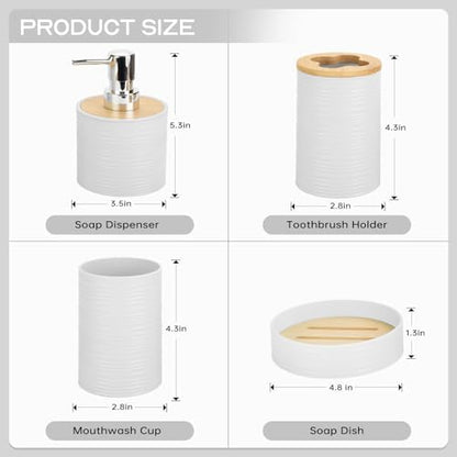 RRM 4 Piece Bamboo Bathroom Accessories Set, Boho Bathroom Decor, White