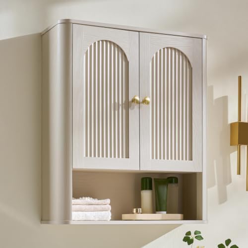 Bathroom Fluted Arched Wall Cabinet, 23.6''W Wood Medicine Cabinet, Cream
