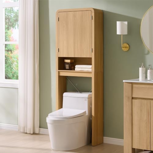Over the Toilet Storage Cabinet, 69.69" Curved Bathroom Storage Organizer Cabinet with Doors and Adjustable Shelves, Wooden Free Standing Toilet Space Saver Rack, Natural