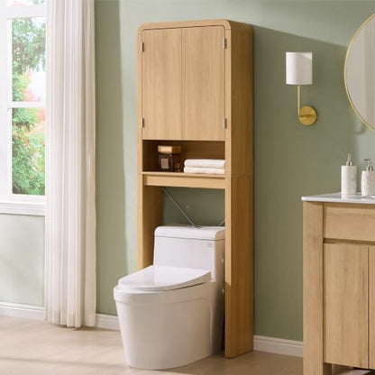 Over the Toilet Storage Cabinet, 69.69" Curved Bathroom Storage Organizer Cabinet with Doors and Adjustable Shelves, Wooden Free Standing Toilet Space Saver Rack, Natural
