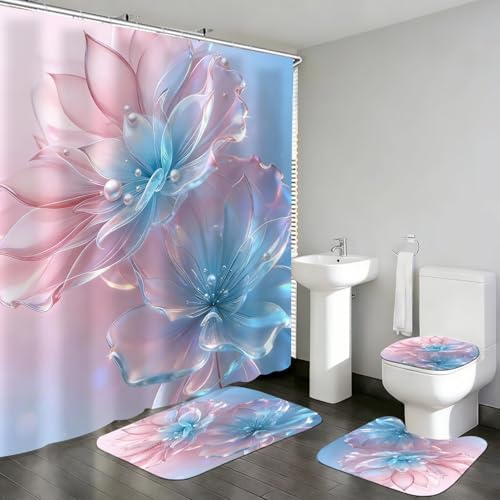DDQQ 4 Pcs Floral Shower Curtain Set Pink Blue Bathroom Sets with Shower Curtain and Rugs, Flowers Pearl Shower Curtain Set, Lotus Bathroom Decor Set, Bathroom Rugs Set Toilet Lid Cover Hooks