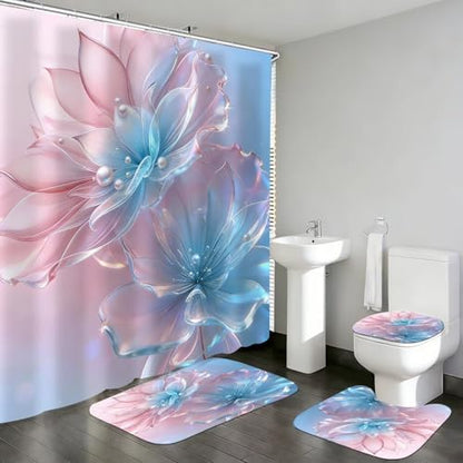 DDQQ 4 Pcs Floral Shower Curtain Set Pink Blue Bathroom Sets with Shower Curtain and Rugs, Flowers Pearl Shower Curtain Set, Lotus Bathroom Decor Set, Bathroom Rugs Set Toilet Lid Cover Hooks