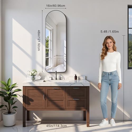 Arched Bathroom Mirror, 16"x48" Black Arched Mirror for Bathroom, Wall Mounted Mirror, Vanity Wall Mirror w/Metal Frame for Bedroom, Entryway, Living Room, Vertically Hanging