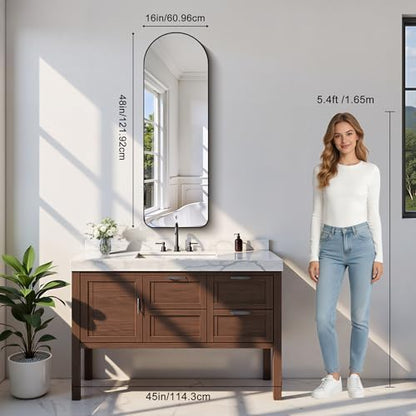 Arched Bathroom Mirror, 16"x48" Black Arched Mirror for Bathroom, Wall Mounted Mirror, Vanity Wall Mirror w/Metal Frame for Bedroom, Entryway, Living Room, Vertically Hanging