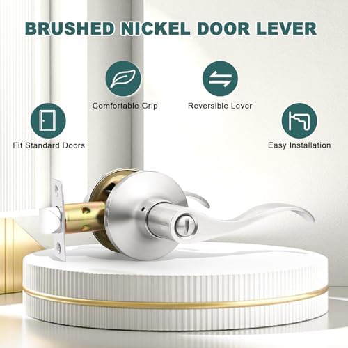 GOBEKOR 5 Pack Brushed Nickel Door Handle Interior Door Levers Privacy for Bedroom Bathroom Door Lock Keyless Wave Lever Door Handles