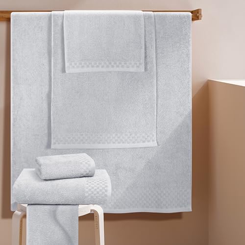 MyOwn Premium Cotton 6 Pack Towel Set for Bathroom, Contains 2 Bath Towels 28x55 inch, 2 Hand Towels 16x24 inch & 2 Wash Coths 12x12 inch, Ideal Everyday use, Compact & Lightweight - Light Grey