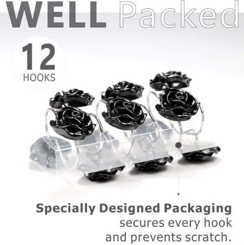 Black Rose Shower Curtain Hooks: Cute Flower Bathroom Curtain Rings, 12Pcs